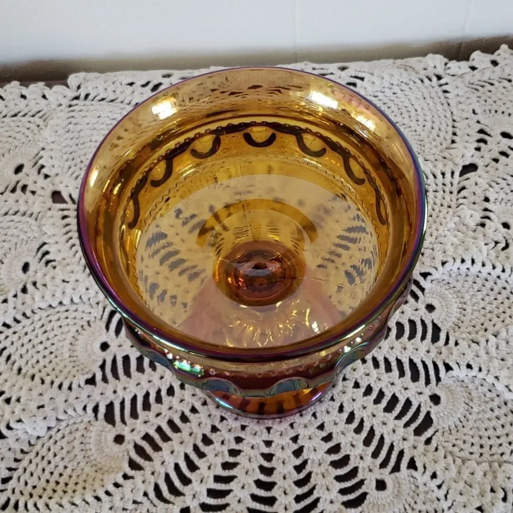 Pretty Gold Carnival Glass Pedestal Compote Candy Dish